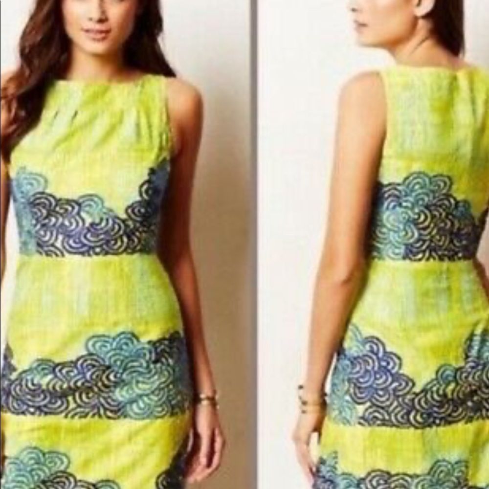 💜Anthropologie Tabitha Azure Scroll Dress embroidered yellow, blue💜